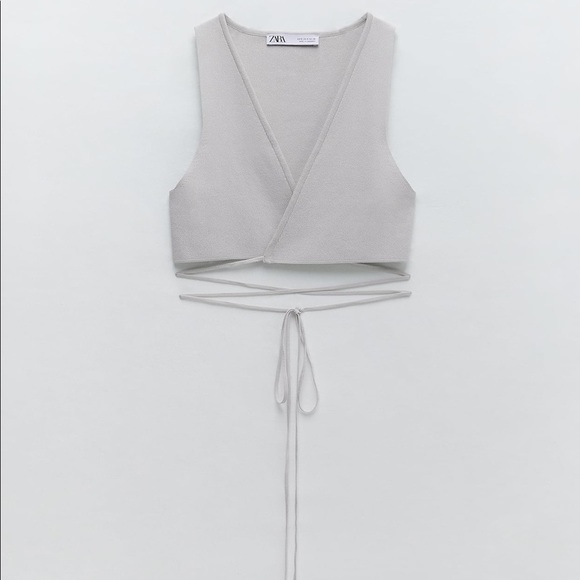ZARA Gray Plunge Tie Front Knit Crop Top - Picture 2 of 6
